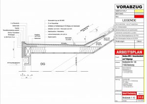 Detailzeichnung eines Flachdaches im Maßstab 1:10.