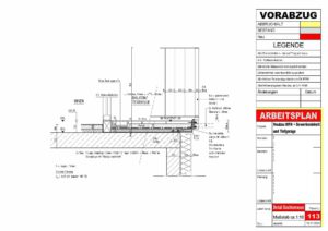 Digitalisierung von Bauplänen, hier das Detail einer Dachterrasse im Maßstab 1:10