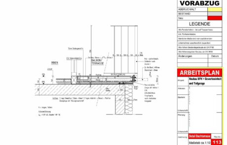 Digitalisierung von Bauplänen, hier das Detail einer Dachterrasse im Maßstab 1:10