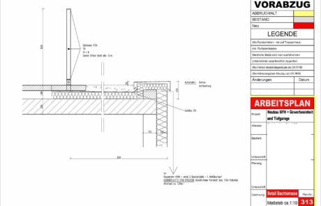 Digitalisierung von Bauplänen, hier das Detail einer Dachterrasse im Maßstab 1:10