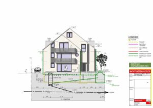 Zum Bauantrag benötigten unsere Kunden neben den Eingabe und Bauplan auch einen Entwässerungsplan. Hier ein Beispiel zu einem Mehrfamilienhaus, der Entwässerungsplan wurde als Ansicht und als Grundriss konstruiert.