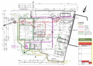 Zum Bauantrag benötigten unsere Kunden neben den Eingabe und Bauplan auch einen Entwässerungsplan. Hier ein Beispiel zu einem Mehrfamilienhaus, der Entwässerungsplan wurde als Ansicht und als Grundriss konstruiert.